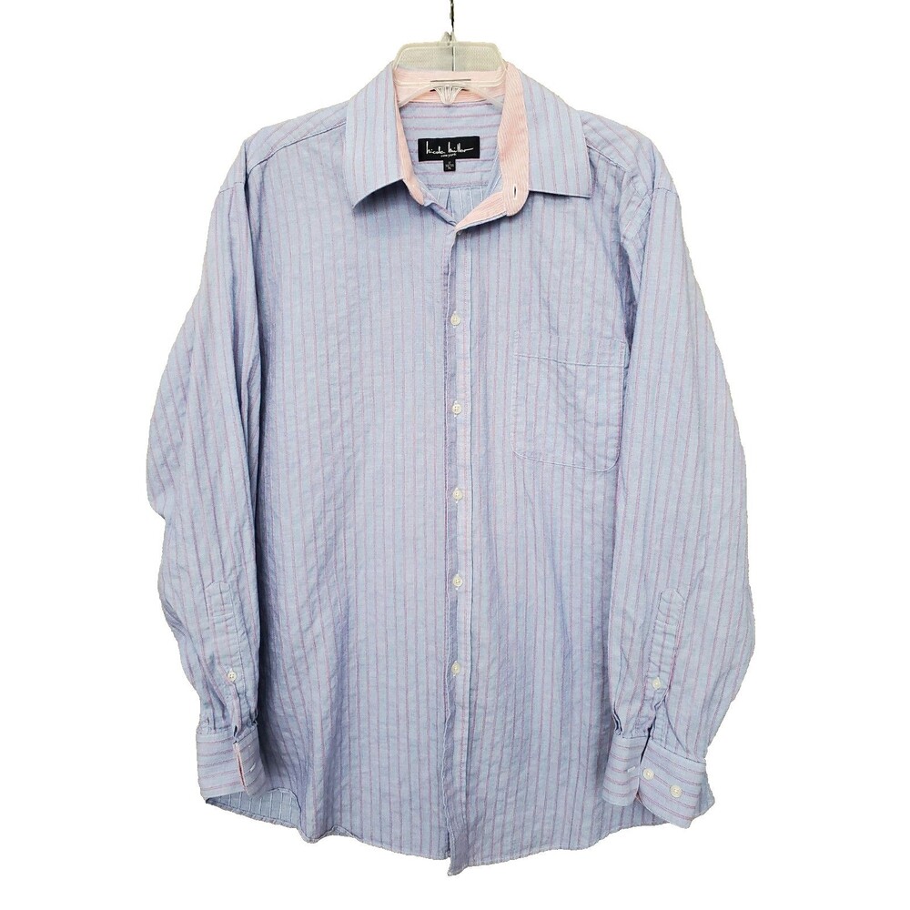Nicole Miller Men's Slim Fit Blue w/Pink Pinstripes Button-Up Shirt Sz 17 34/35